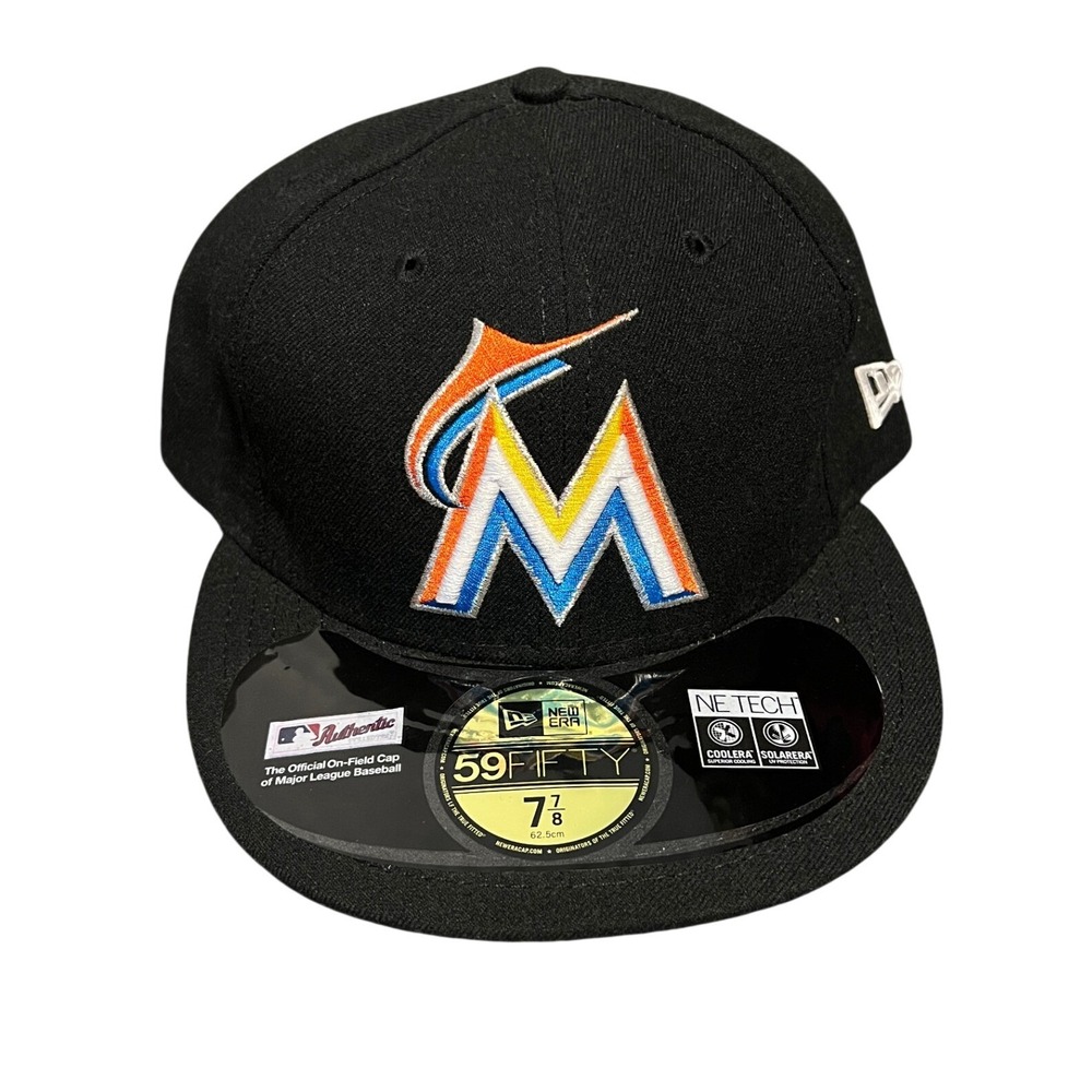 New Era 59FIFTY Miami Marlins Hat Mens Size 7 7/8 Black MLB Fitted On-Field Cap